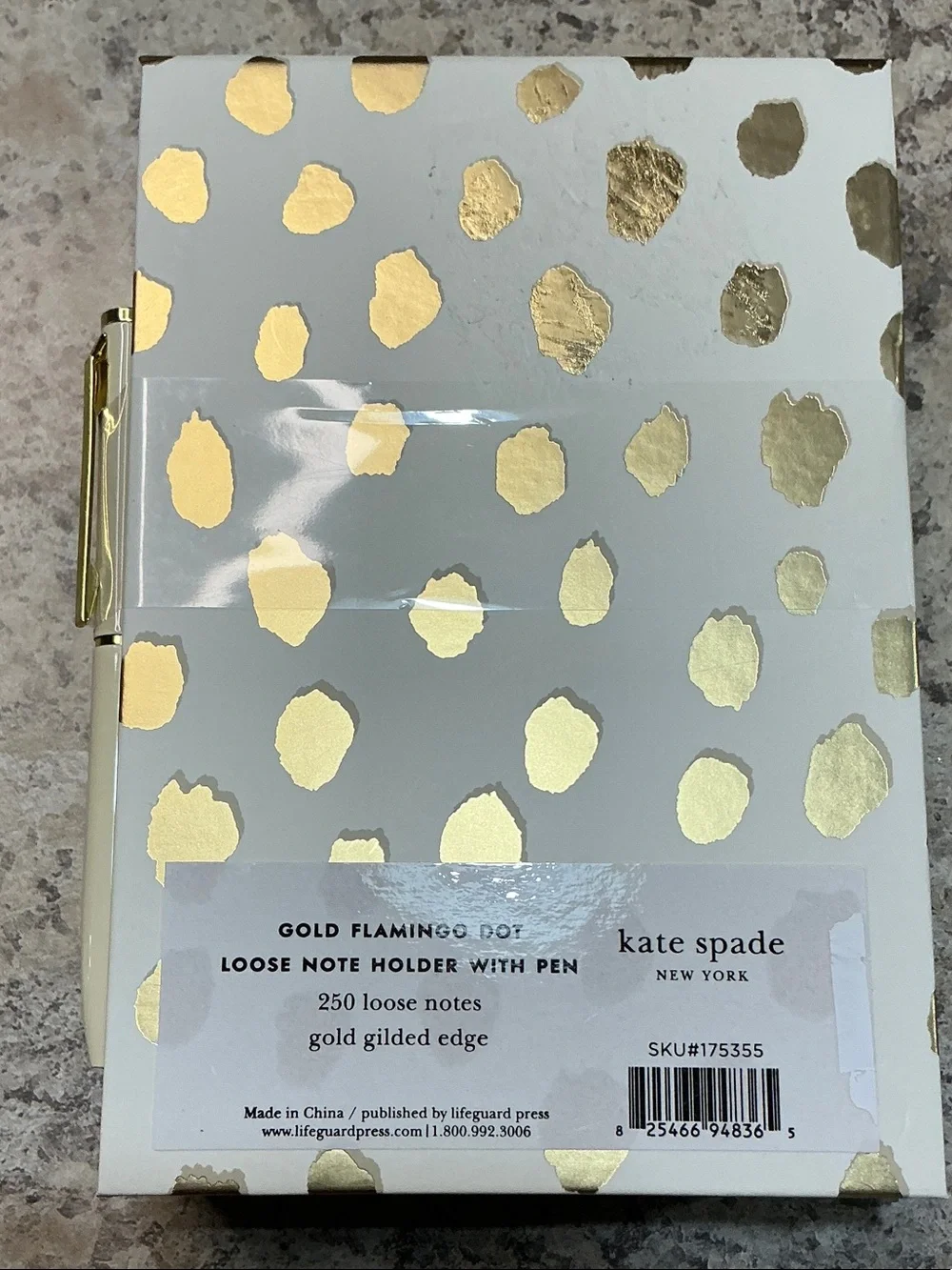 kate spade White Notebook with Gold Foil Dot Pattern and Green Band